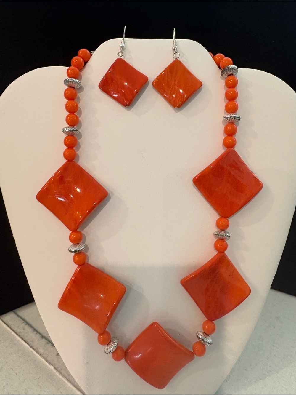 Orange Square Bead Necklace & Earrings Set